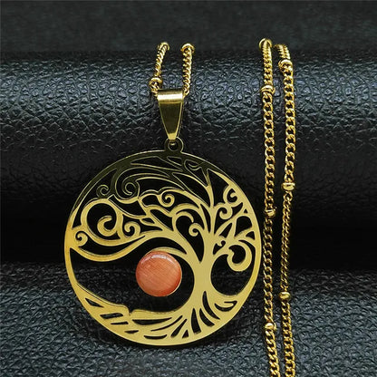 2024 Bohemian Sun Tree of Life Opal Stainless Steel Necklace Women Silver Color Charm Necklace Jewelry Collier Femme N32S04