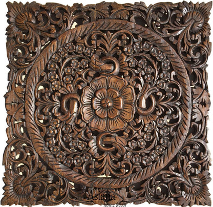 Carved Wood Wall Art- Oriental Carved Lotus Wood Plaque 24"X24"X0.5" (Dark Brown)