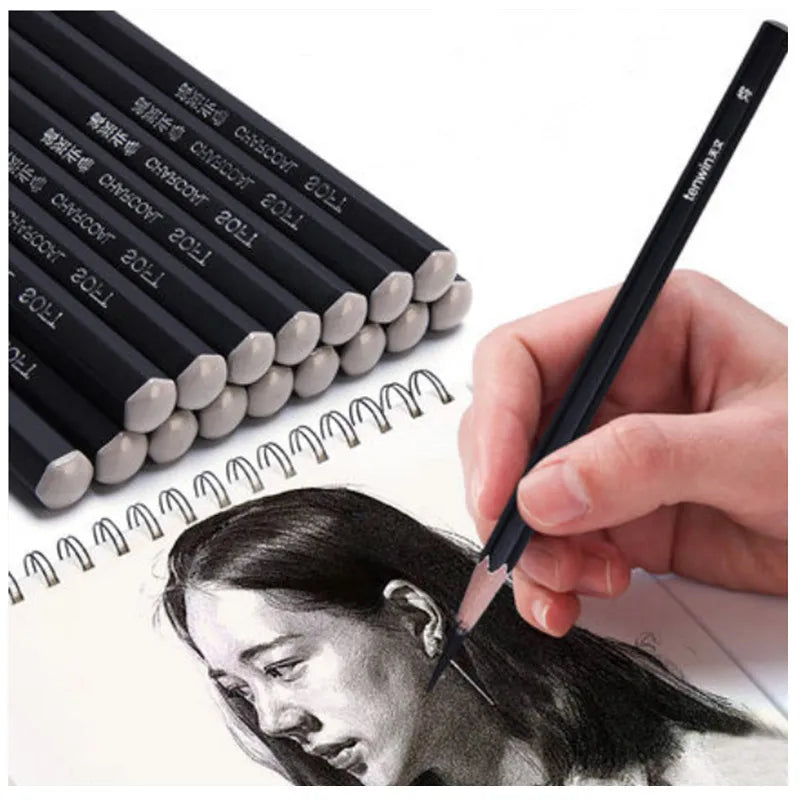 Tenwin 12Pcs Black Sketch Charcoal Pen Soft/Medium/Hard Drawing Tool Wood Charcoal Pencils for Painting Art Supplies MS5550