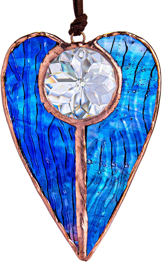 Suncatcher Glass Art Ornament,Stained Glass Window Hangings Heart Shaped Decor Rainbow Art,Blue