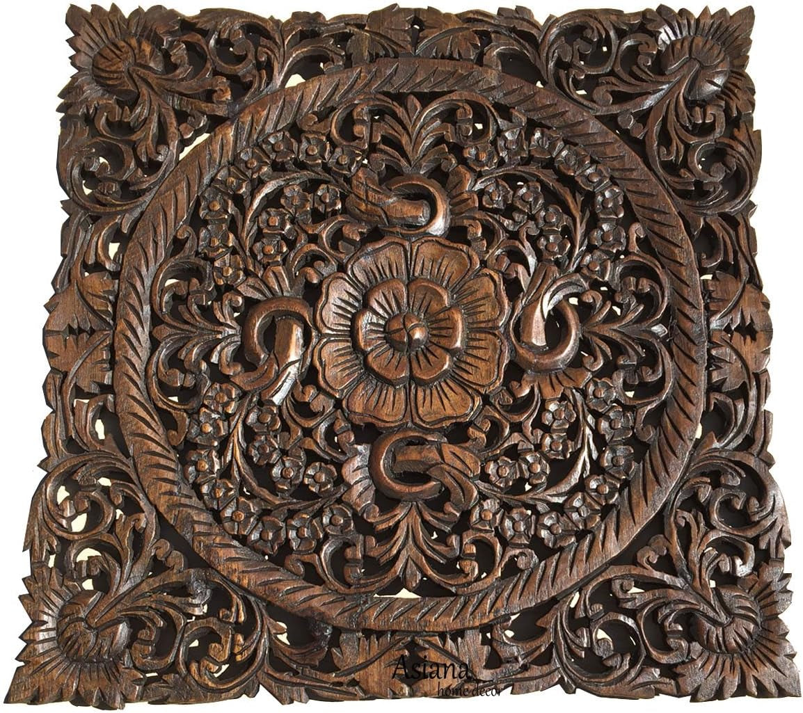 Carved Wood Wall Art- Oriental Carved Lotus Wood Plaque 24"X24"X0.5" (Dark Brown)