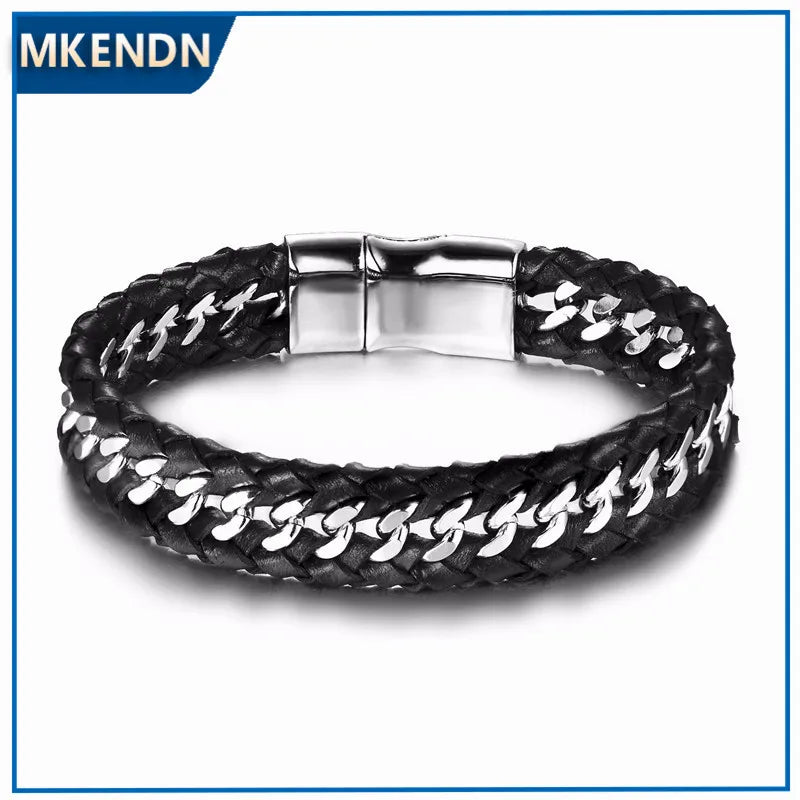 Wholesale Bracelets & Bangles Mens Gift Black Leather Braid Bracelet Knitted Magnetic Clasp Bracelet Men Jewelry