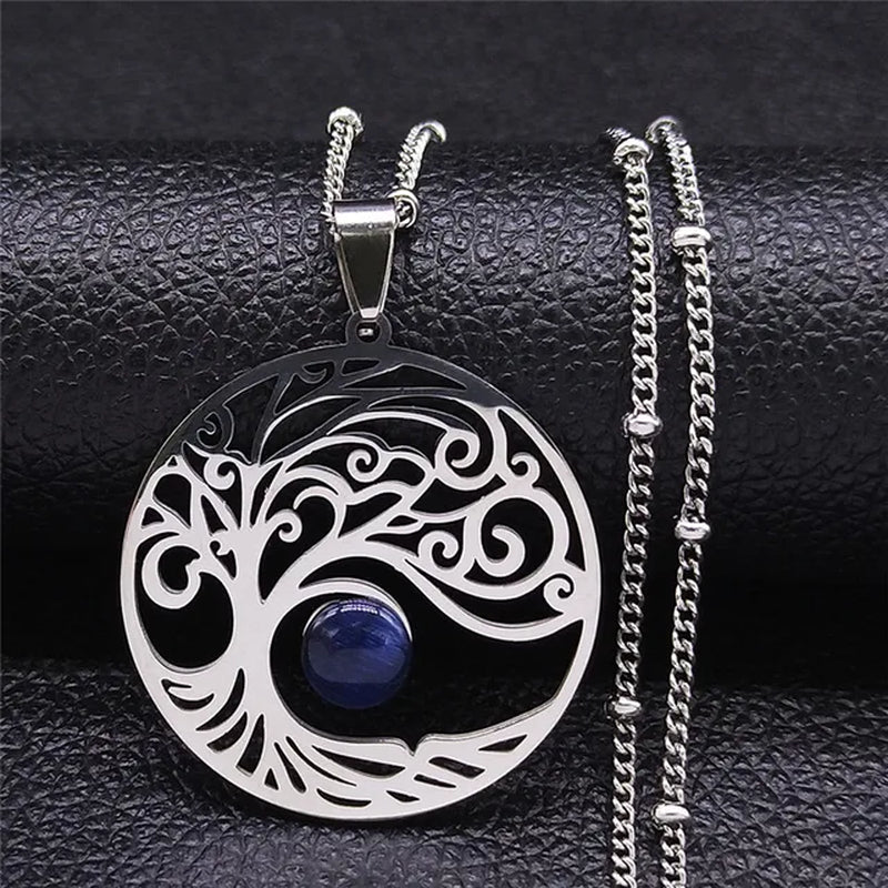 2024 Bohemian Sun Tree of Life Opal Stainless Steel Necklace Women Silver Color Charm Necklace Jewelry Collier Femme N32S04