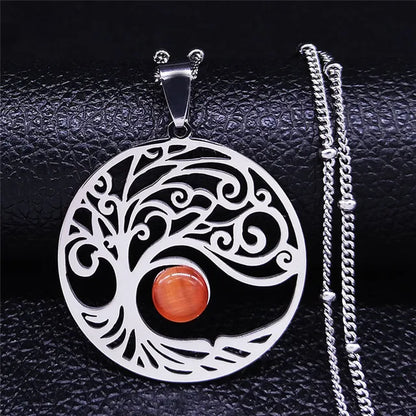 2024 Bohemian Sun Tree of Life Opal Stainless Steel Necklace Women Silver Color Charm Necklace Jewelry Collier Femme N32S04