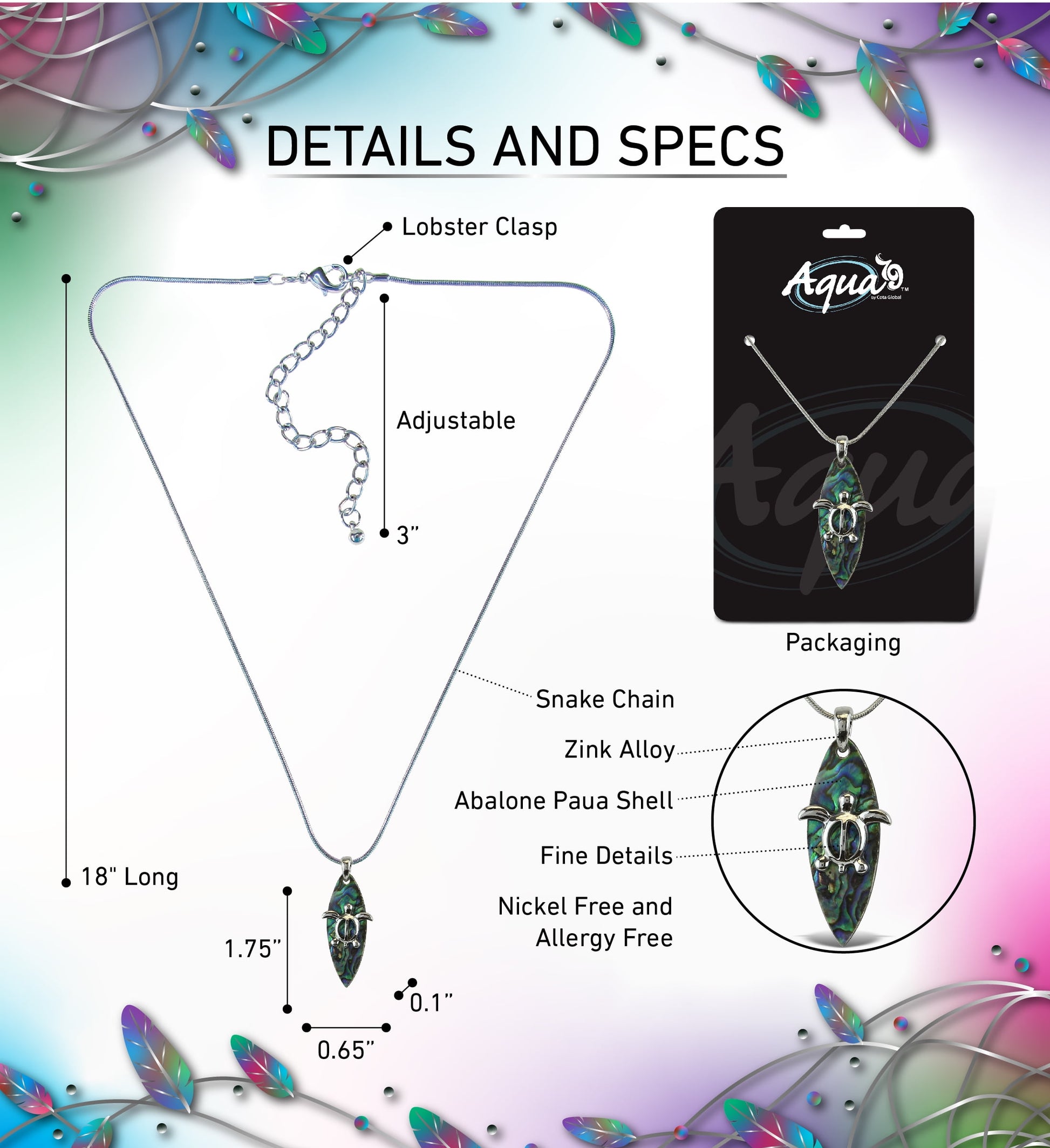 Aqua 79 Surfboard Necklace Jewelry - Authentic Pendant Made with Natural Paua Abalone Shell with Silver Snake Chain Necklace, Unique Charm Jewel for Daily, Casual & Formal Occasions - 18 Inch