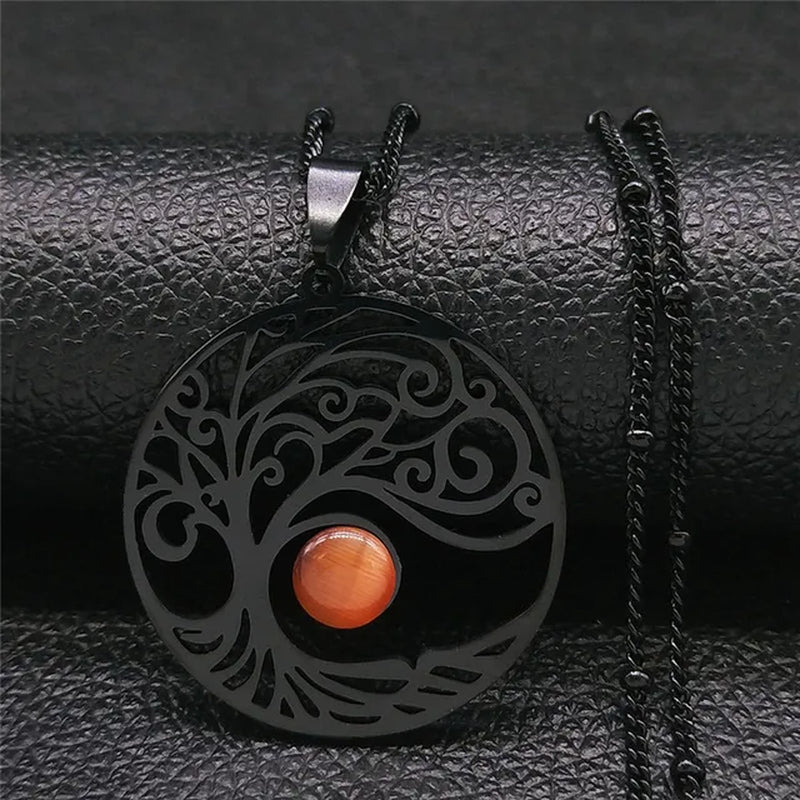 2024 Bohemian Sun Tree of Life Opal Stainless Steel Necklace Women Silver Color Charm Necklace Jewelry Collier Femme N32S04