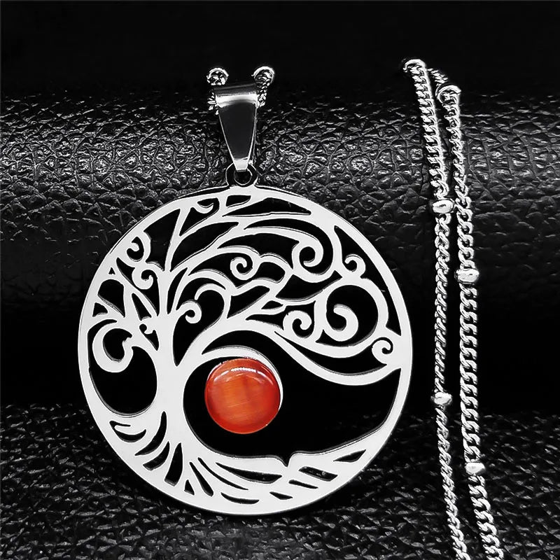 2024 Bohemian Sun Tree of Life Opal Stainless Steel Necklace Women Silver Color Charm Necklace Jewelry Collier Femme N32S04