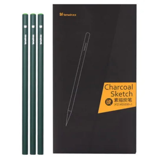 Tenwin 12Pcs Black Sketch Charcoal Pen Soft/Medium/Hard Drawing Tool Wood Charcoal Pencils for Painting Art Supplies MS5550