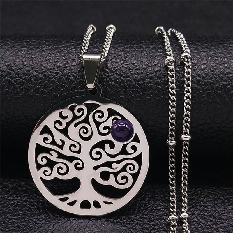 2024 Bohemian Sun Tree of Life Opal Stainless Steel Necklace Women Silver Color Charm Necklace Jewelry Collier Femme N32S04