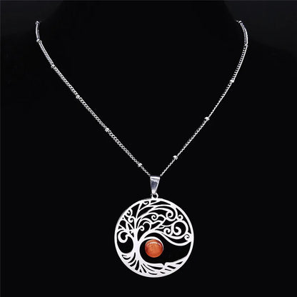 2024 Bohemian Sun Tree of Life Opal Stainless Steel Necklace Women Silver Color Charm Necklace Jewelry Collier Femme N32S04