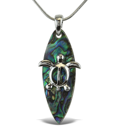 Aqua 79 Surfboard Necklace Jewelry - Authentic Pendant Made with Natural Paua Abalone Shell with Silver Snake Chain Necklace, Unique Charm Jewel for Daily, Casual & Formal Occasions - 18 Inch