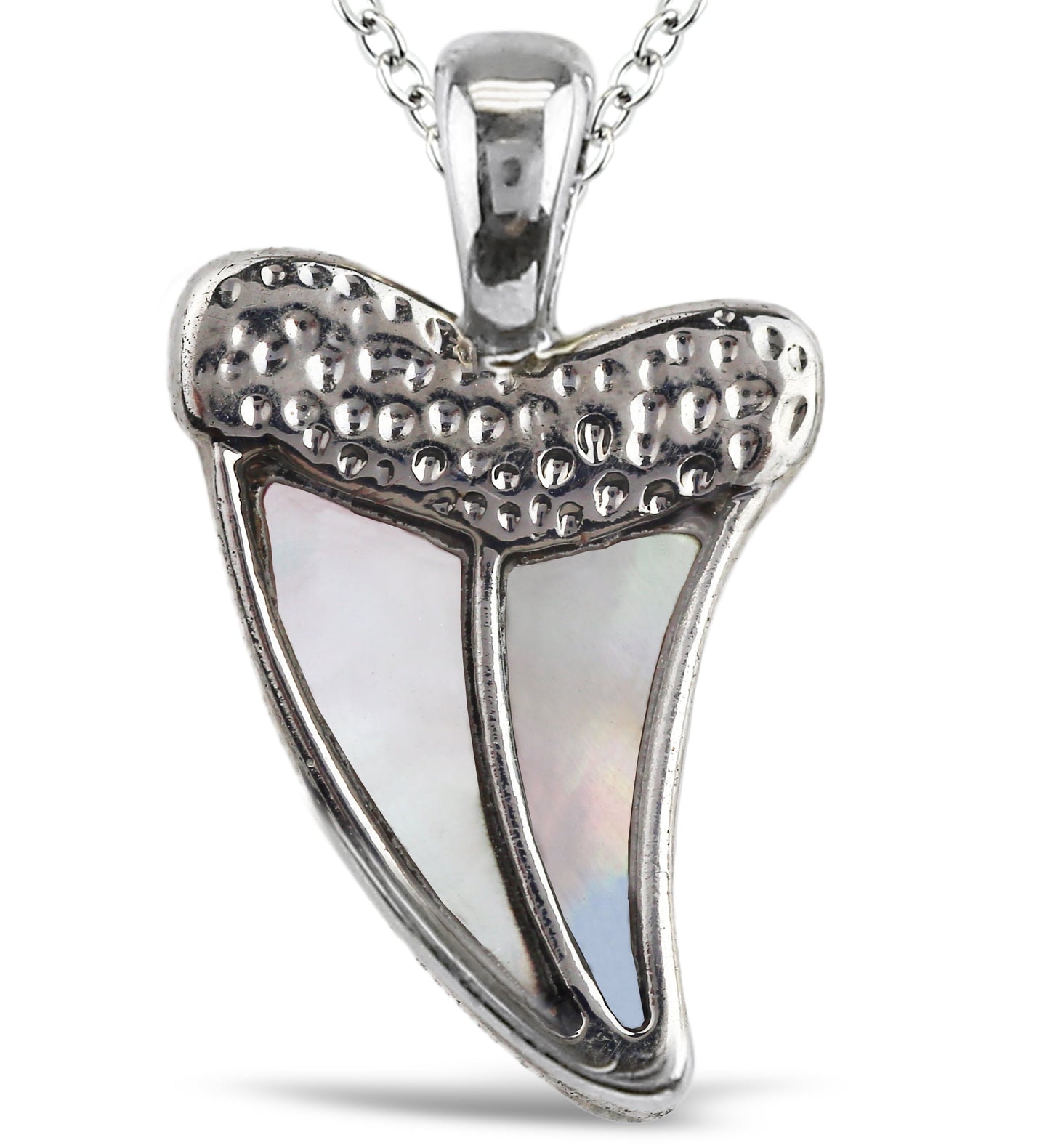 Aqua 79 White Mop Shark Tooth Necklace Jewelry - Silver Pendant Inlaid with Simulated Mother of Pearl with Silver Link Chain Necklace, Unique Charm Jewel for Daily, Casual & Formal Occasions - 18 Inch