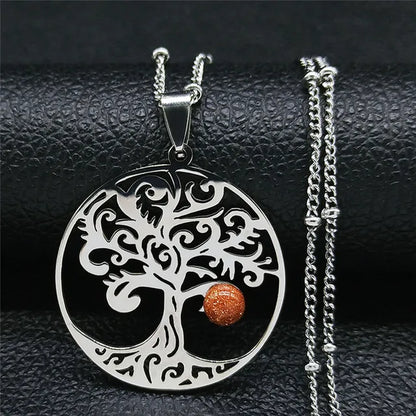 2024 Bohemian Sun Tree of Life Opal Stainless Steel Necklace Women Silver Color Charm Necklace Jewelry Collier Femme N32S04