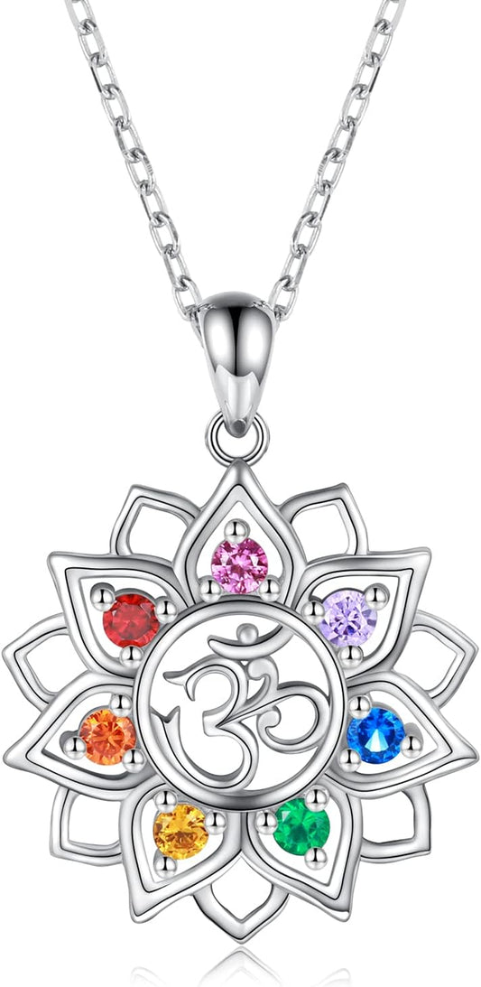 Chakra Yoga Lotus Flower Necklace 925 Sterling Silver Om Ohm Symbol Crystal Pendant Necklace Spiritual Jewelry Gift for Women