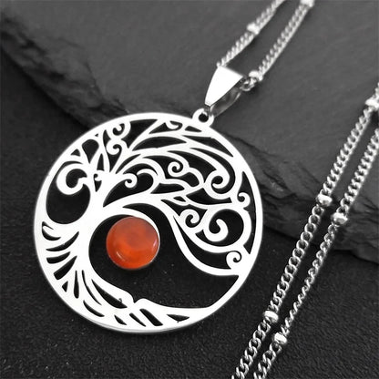 2024 Bohemian Sun Tree of Life Opal Stainless Steel Necklace Women Silver Color Charm Necklace Jewelry Collier Femme N32S04