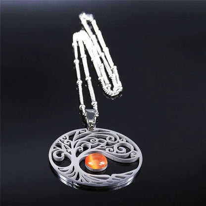 2024 Bohemian Sun Tree of Life Opal Stainless Steel Necklace Women Silver Color Charm Necklace Jewelry Collier Femme N32S04