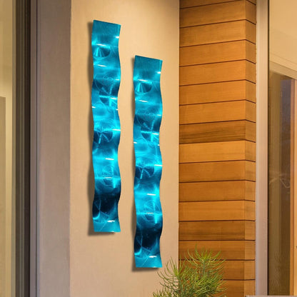 Essence of Simplicity SET of TWO 6" X 46" Aqua Waves Metal Wall Art Contemporary Abstract Sculpture, Timeless Appeal & Sophistication, Transform Your Space by Artist Jon Allen Statements 2000