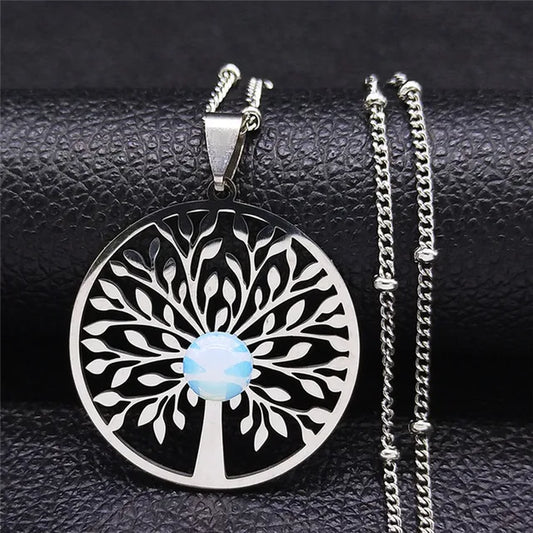 2024 Bohemian Sun Tree of Life Opal Stainless Steel Necklace Women Silver Color Charm Necklace Jewelry Collier Femme N32S04