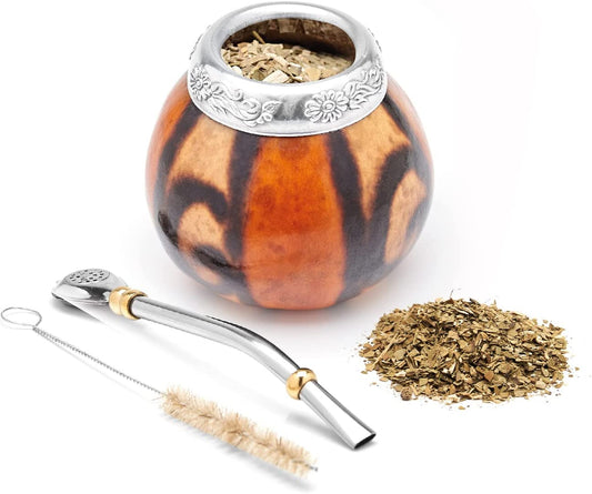 Yerba Mate Gourd Set (Original Natural Handmade Yerba Mate Cup Argentina) - Includes Mate Tea Cup, Bombilla (Yerba Mate Straw) and Clean Brush - Classic Mate Cup and Bombilla Set