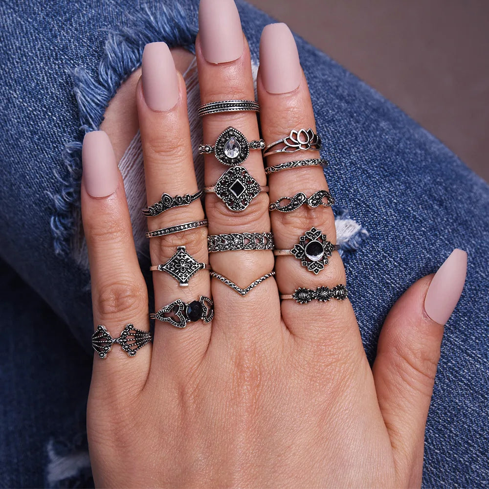 Trendy Boho Midi Knuckle Ring Set for Women Crystal Geometric Finger Rings Fashion Bohemian Jewelry