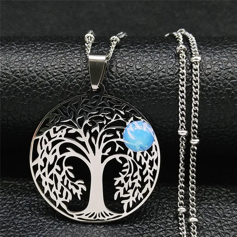 2024 Bohemian Sun Tree of Life Opal Stainless Steel Necklace Women Silver Color Charm Necklace Jewelry Collier Femme N32S04